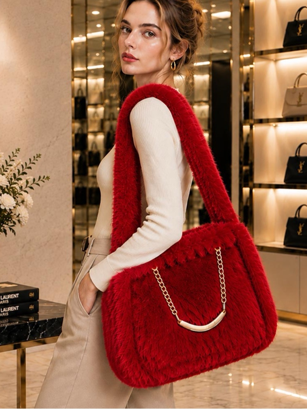 Red Faux-Fur Chain-Accent Shoulder Bag - Women